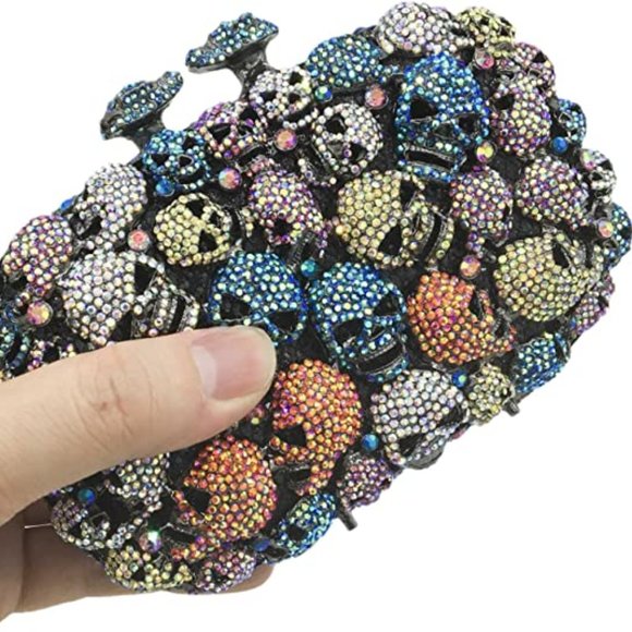 NEW Sparkling Bling Crystal Rhinestone Skull Clutch Purse Silver Gold +F… - Picture 3 of 11